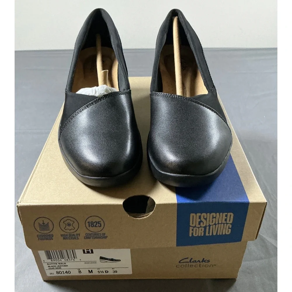 Clarks Collection Suttyn Walk Black Leather Wedge Shoes Womens 8 M 26180140